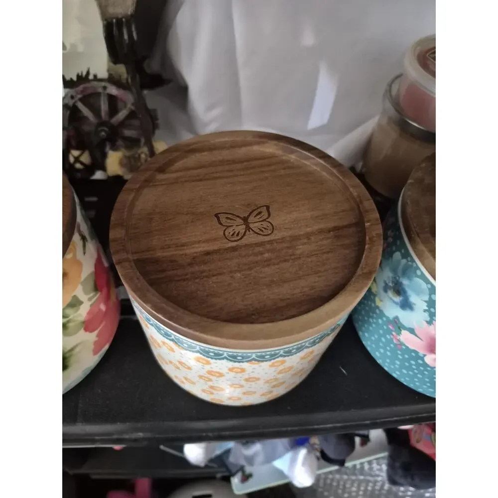 💥 Pioneer Woman Floral Medley Stacking 3-Piece Stoneware Canister Set w/Lids